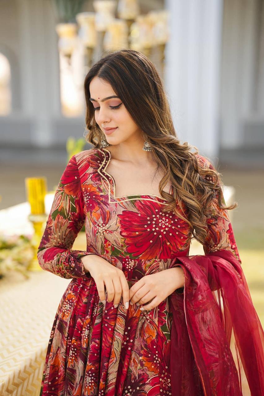 "Red Anarkali Gown Set: Heavy Rayon Fabric with Digital Prints - Elegant Party Wear"