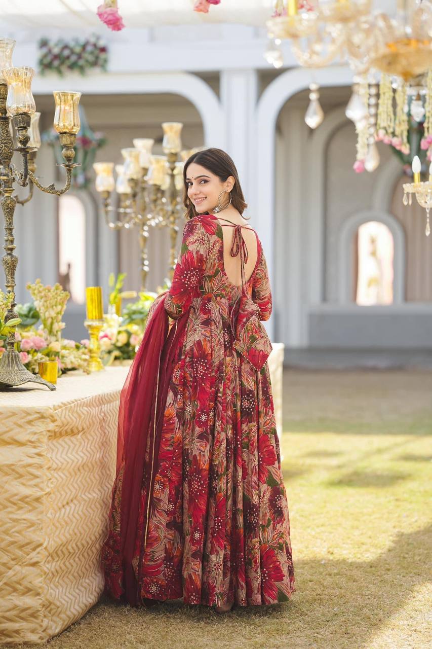 "Red Anarkali Gown Set: Heavy Rayon Fabric with Digital Prints - Elegant Party Wear"