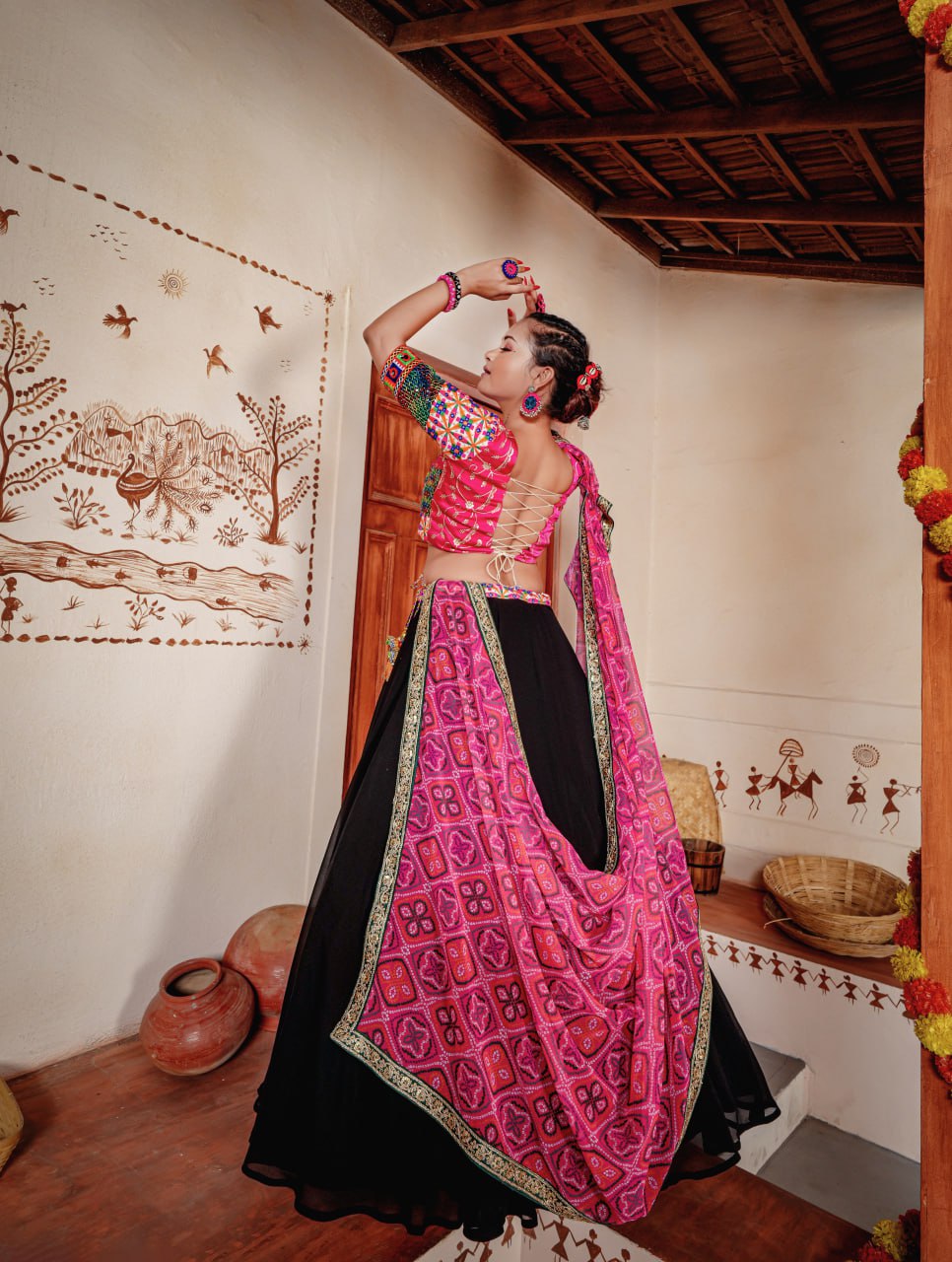 "Timeless Elegance: Forever Traditional Georgette Lehenga Choli Set with Embroidery Work - Black/White/Pink/Green"