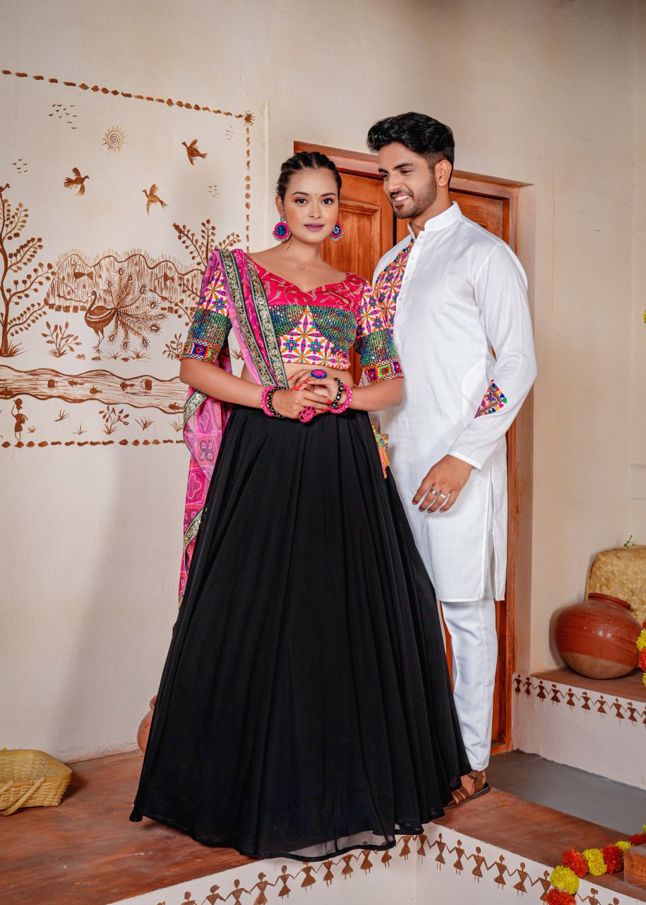 "Timeless Elegance: Forever Traditional Georgette Lehenga Choli Set with Embroidery Work - Black/White/Pink/Green"