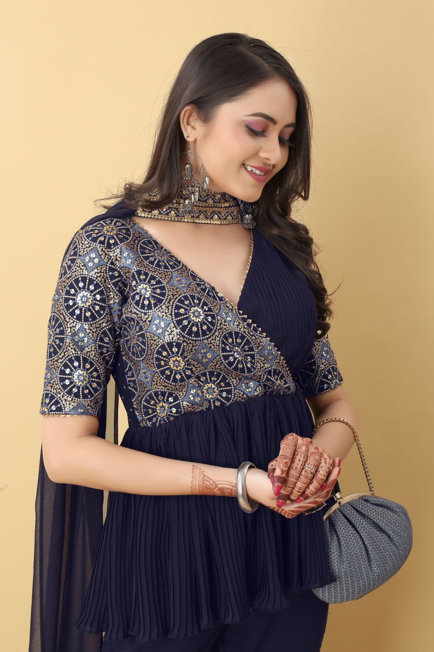 "Navy Elegance: Royal Rich Georgette Sharara Set with Intricate Embroidery"