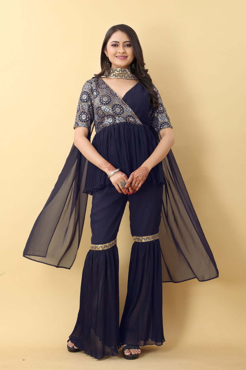 "Navy Elegance: Royal Rich Georgette Sharara Set with Intricate Embroidery"