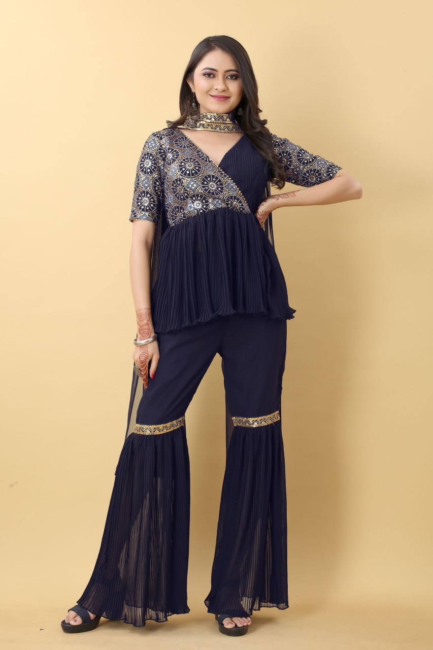 "Navy Elegance: Royal Rich Georgette Sharara Set with Intricate Embroidery"