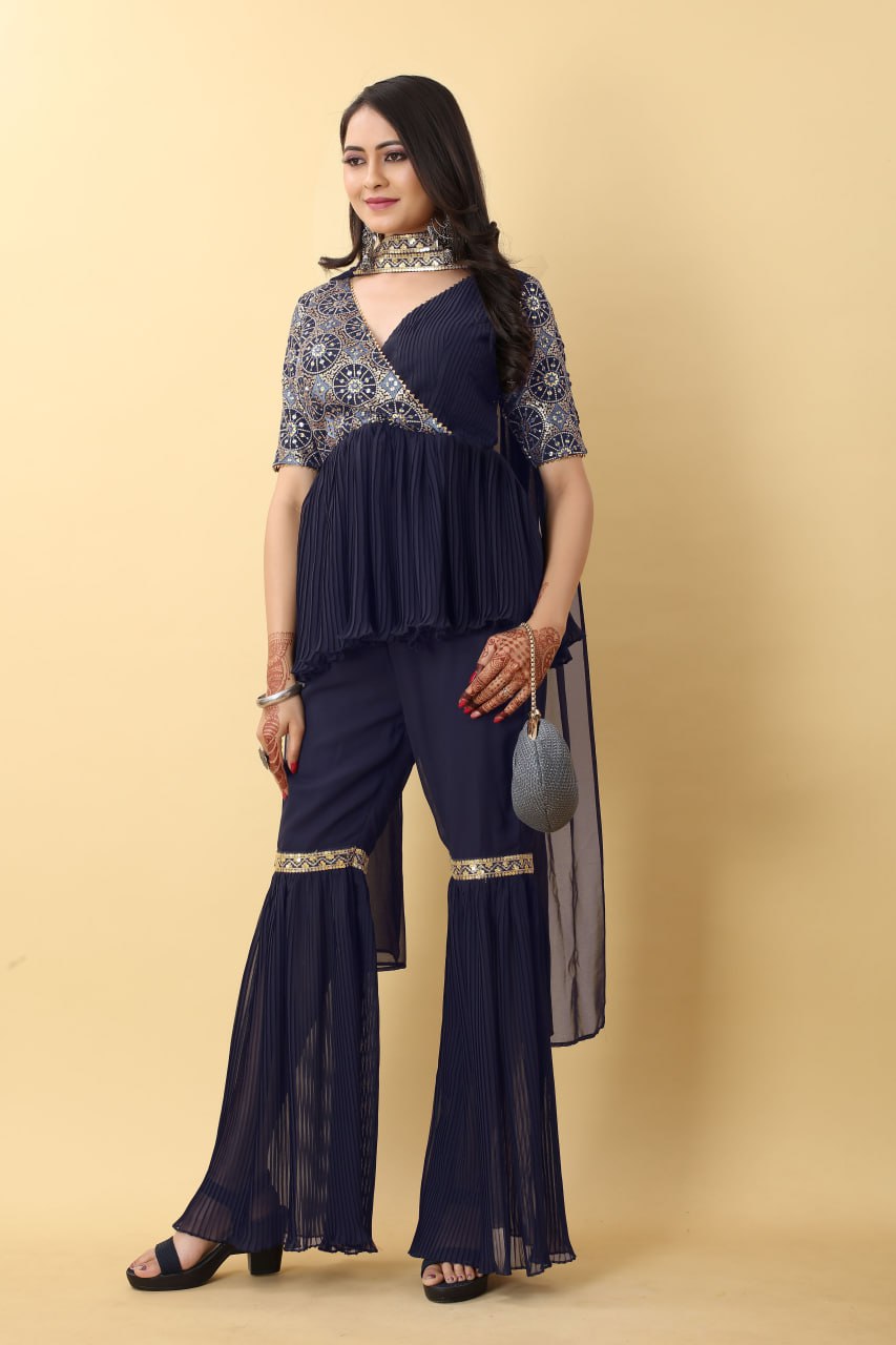 "Navy Elegance: Royal Rich Georgette Sharara Set with Intricate Embroidery"