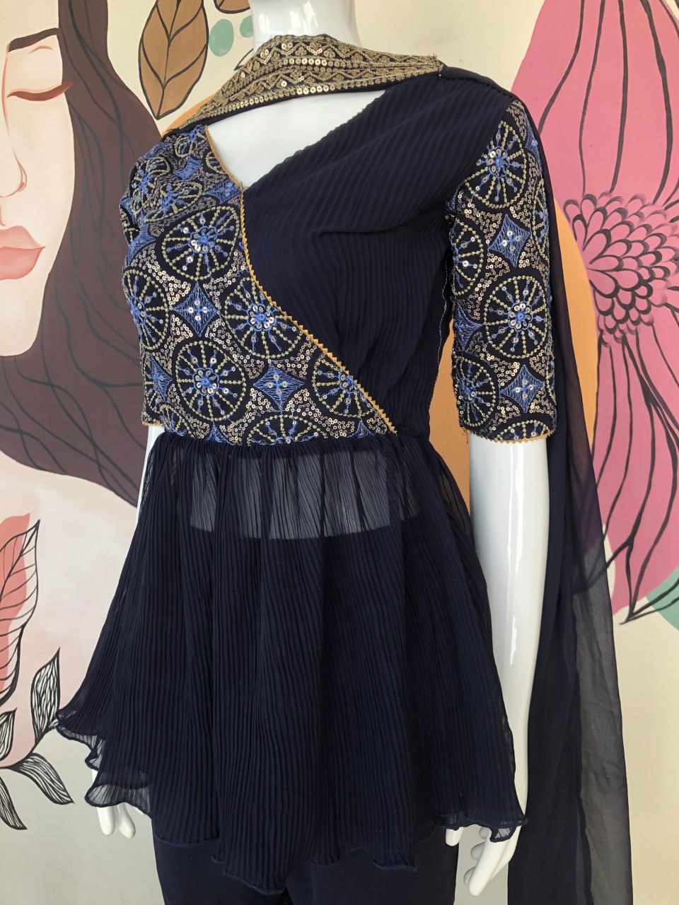 "Navy Elegance: Royal Rich Georgette Sharara Set with Intricate Embroidery"