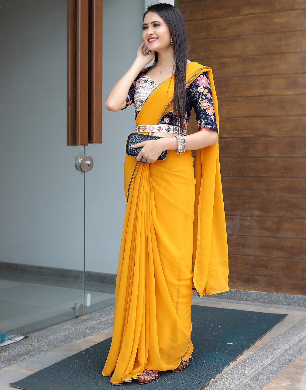 "Yellow & Gajri Georgette Lace Saree with Embroidered Blue Taffeta Blouse"