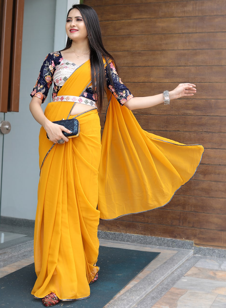 "Yellow & Gajri Georgette Lace Saree with Embroidered Blue Taffeta Blouse"