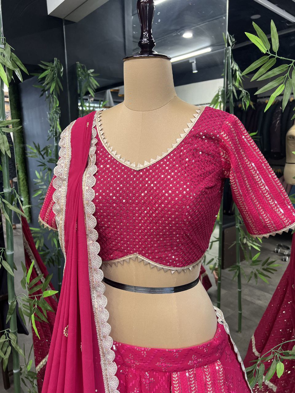 "Black and Pink Embroidered Georgette Lehenga Choli Set with Heavy Sequin Work"