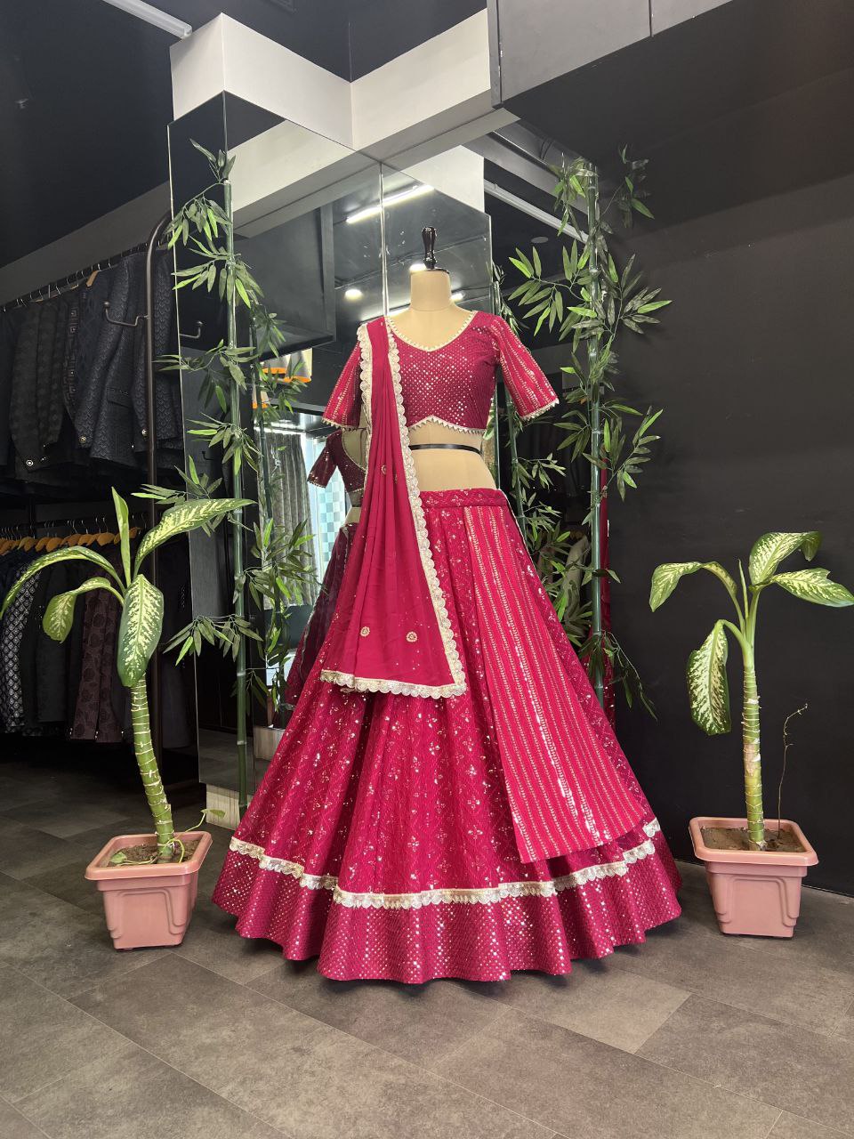 "Black and Pink Embroidered Georgette Lehenga Choli Set with Heavy Sequin Work"
