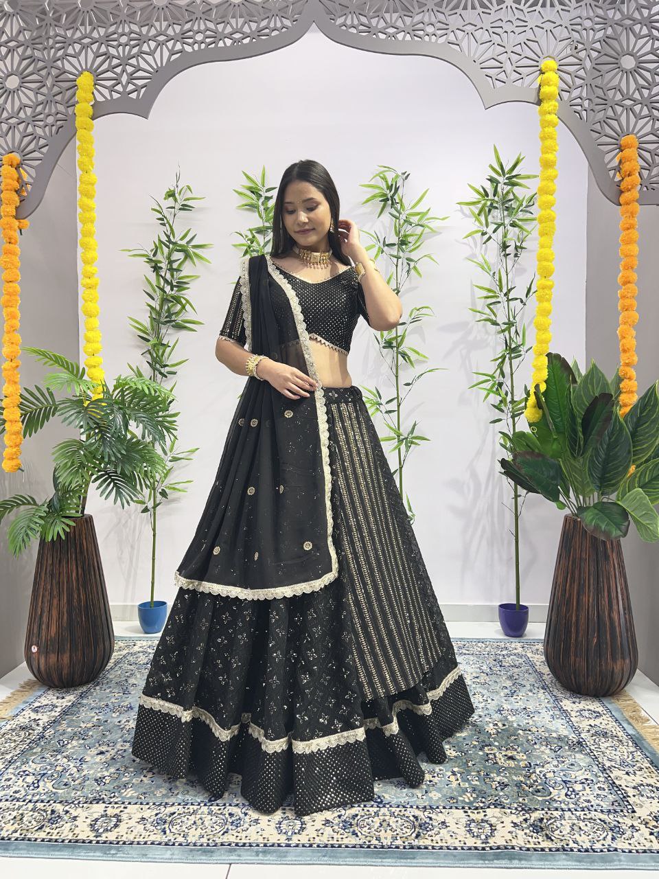 "Black and Pink Embroidered Georgette Lehenga Choli Set with Heavy Sequin Work"