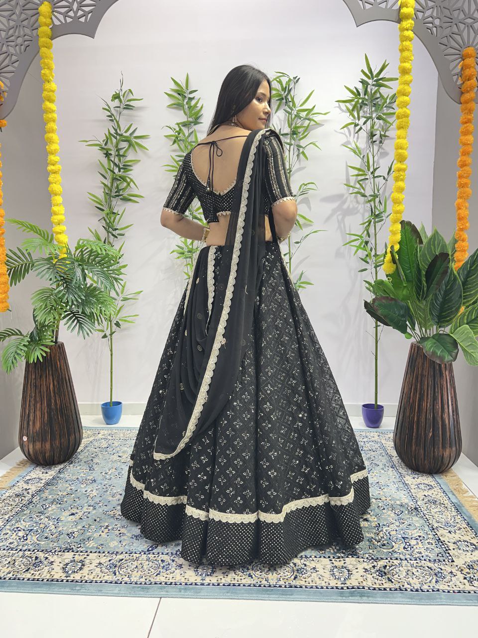 "Black and Pink Embroidered Georgette Lehenga Choli Set with Heavy Sequin Work"