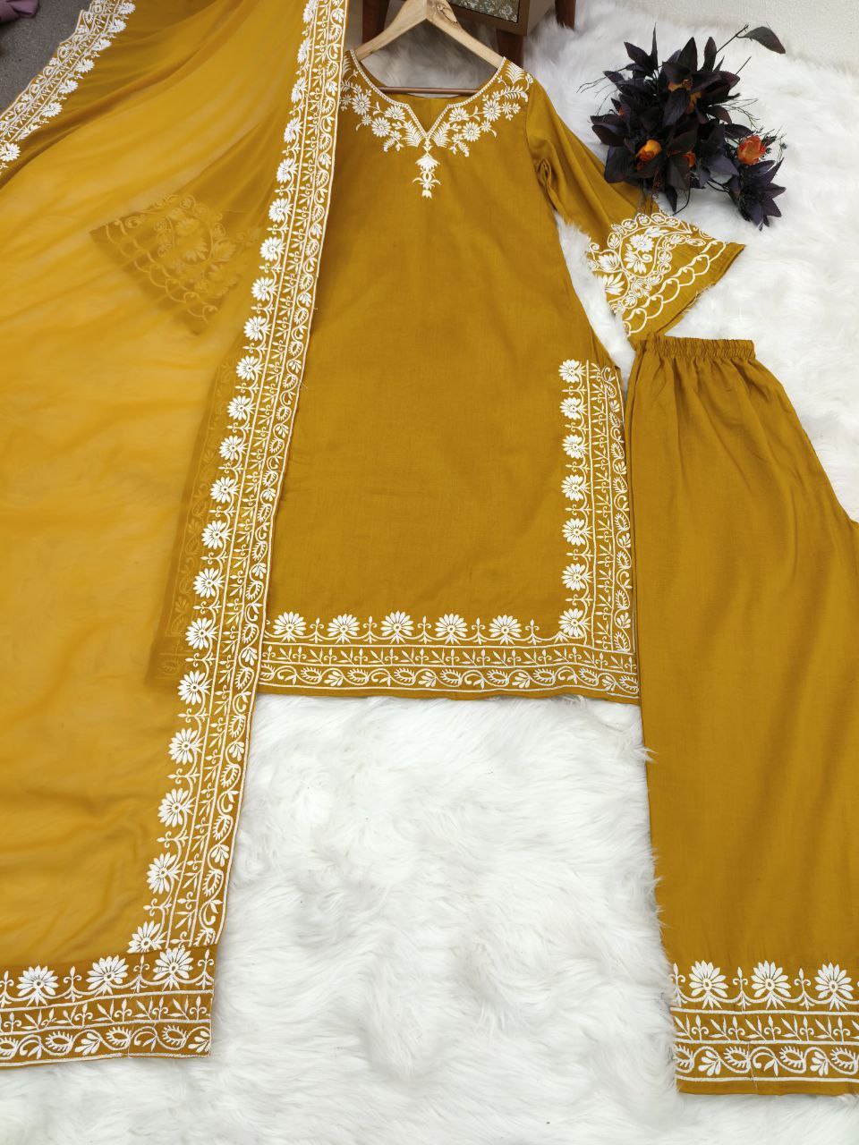 "Mustard Maska Silk Embroidered Party Wear Kurta Set with Fox Georgette Dupatta - Fully Stitched"