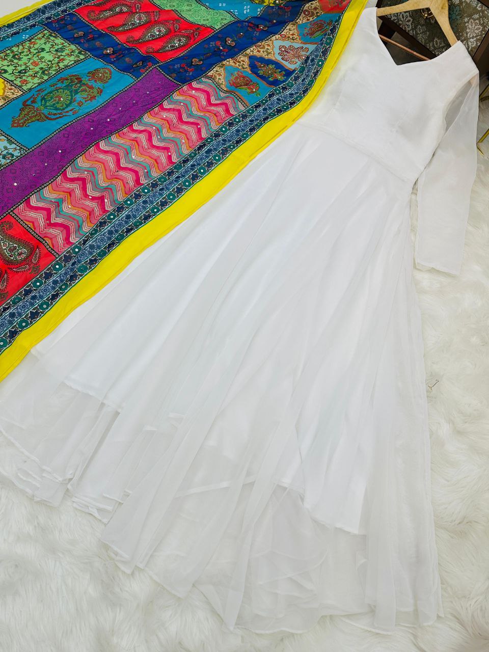 "White Fox Georgette Gown with Real Mirror Work Dupatta - Elegant Tradition Wear"