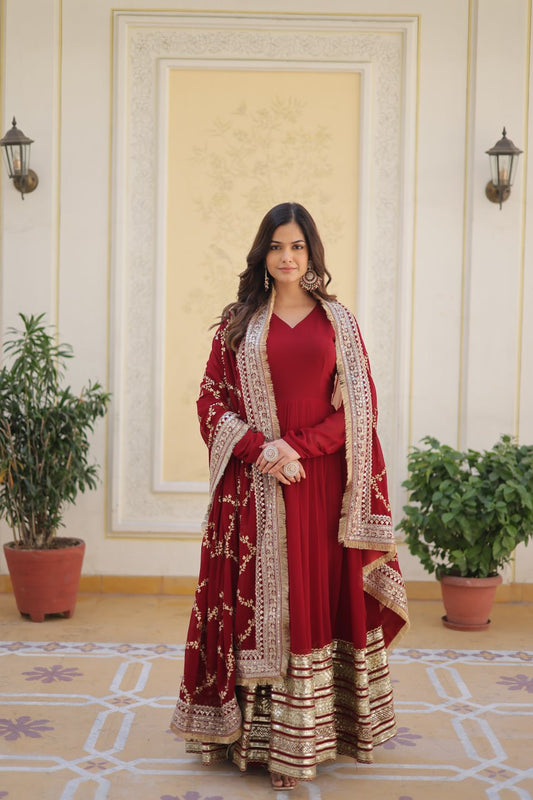 "Maroon Majesty: Embroidered Zari Sequins Gown with Designer Dupatta"