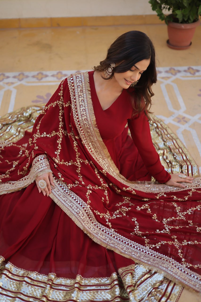 "Maroon Majesty: Embroidered Zari Sequins Gown with Designer Dupatta"