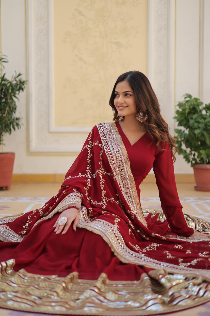 "Maroon Majesty: Embroidered Zari Sequins Gown with Designer Dupatta"