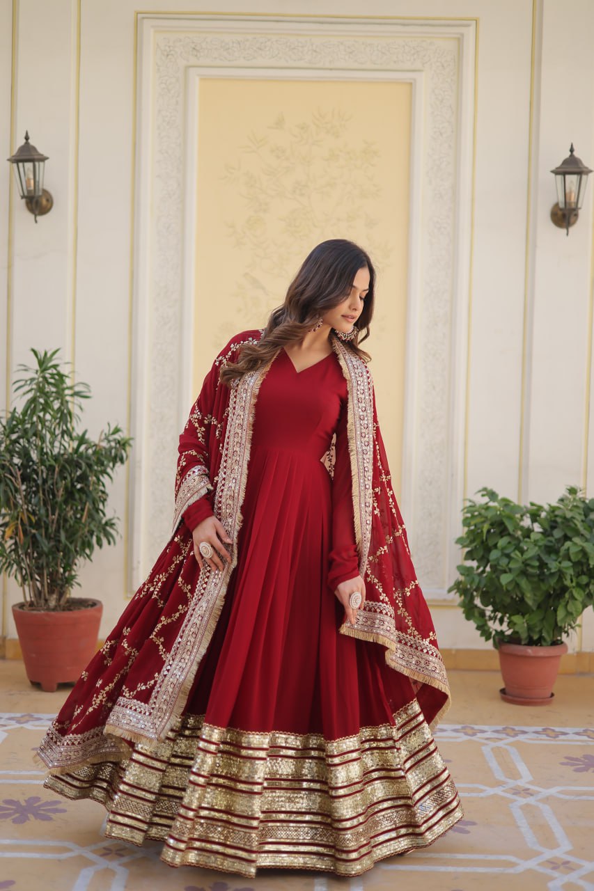 "Maroon Majesty: Embroidered Zari Sequins Gown with Designer Dupatta"