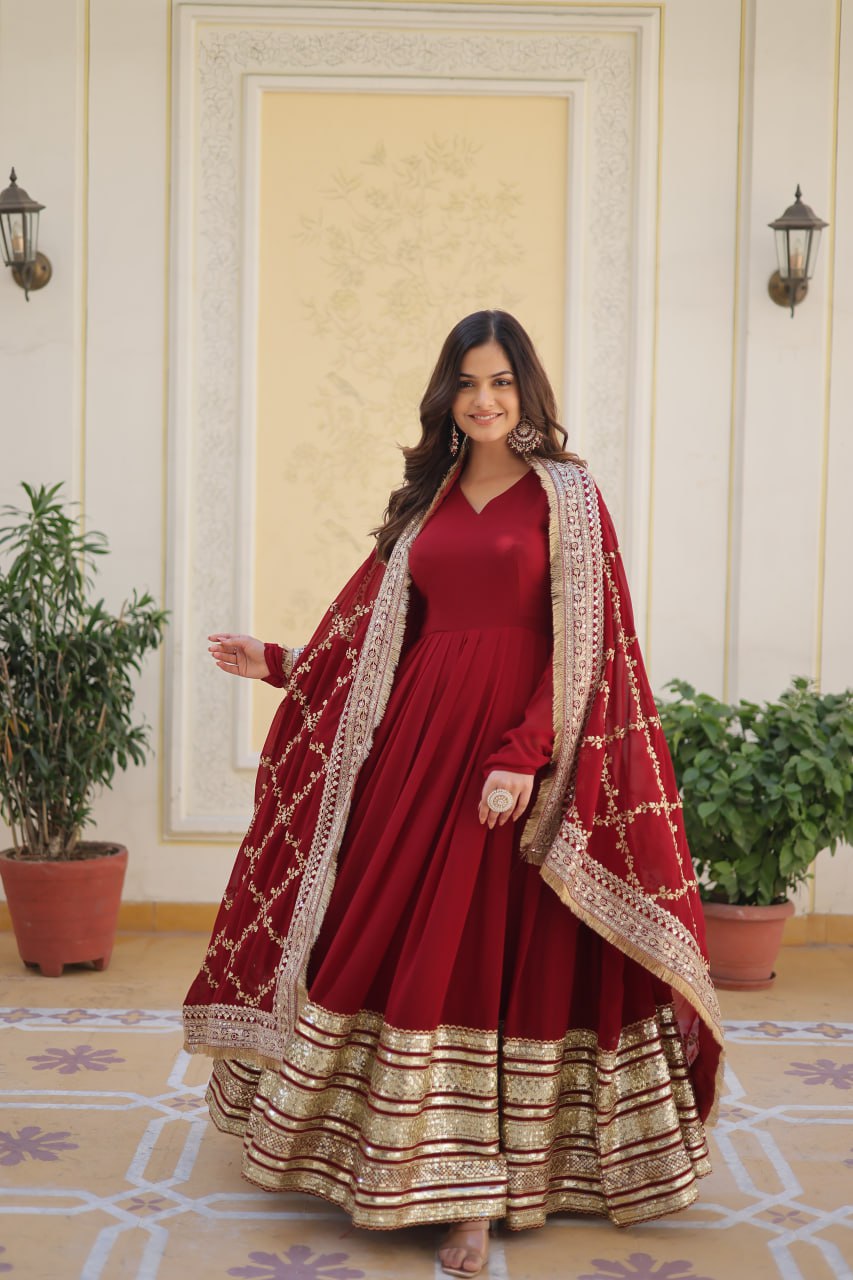 "Maroon Majesty: Embroidered Zari Sequins Gown with Designer Dupatta"