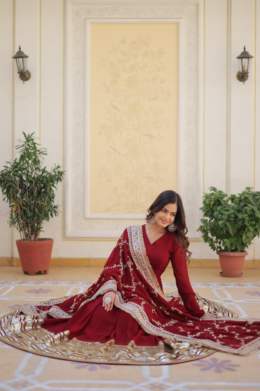 "Maroon Majesty: Embroidered Zari Sequins Gown with Designer Dupatta"