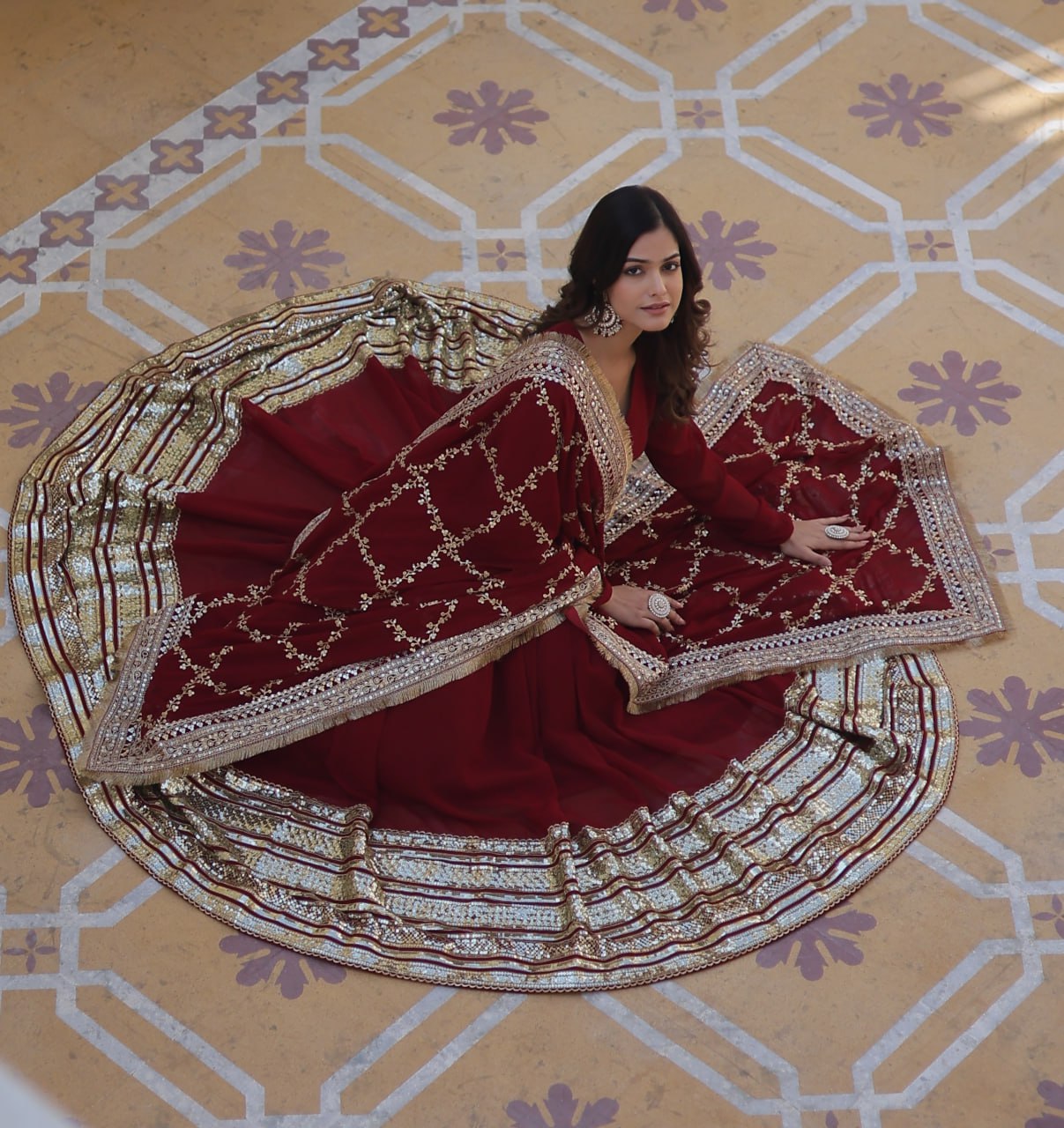 "Maroon Majesty: Embroidered Zari Sequins Gown with Designer Dupatta"