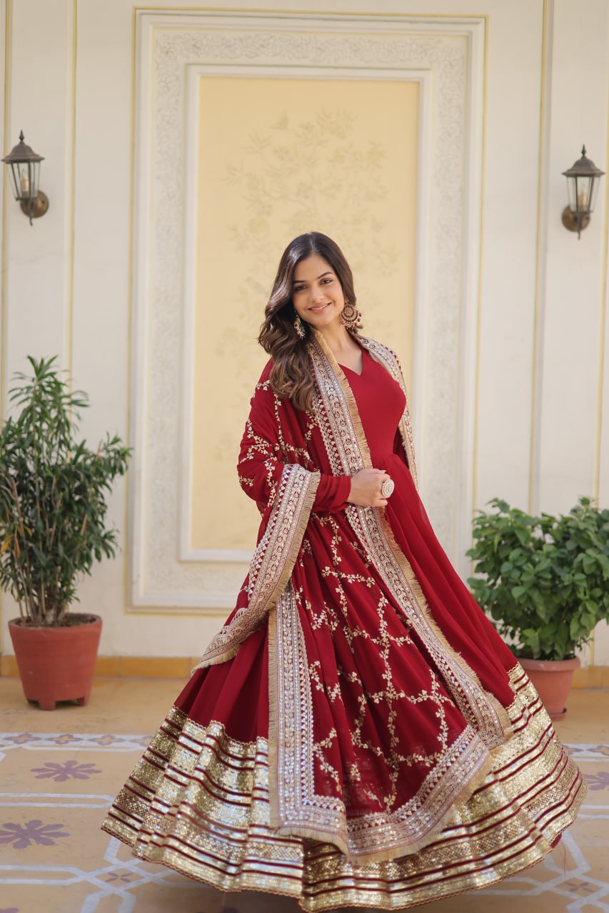 "Maroon Majesty: Embroidered Zari Sequins Gown with Designer Dupatta"