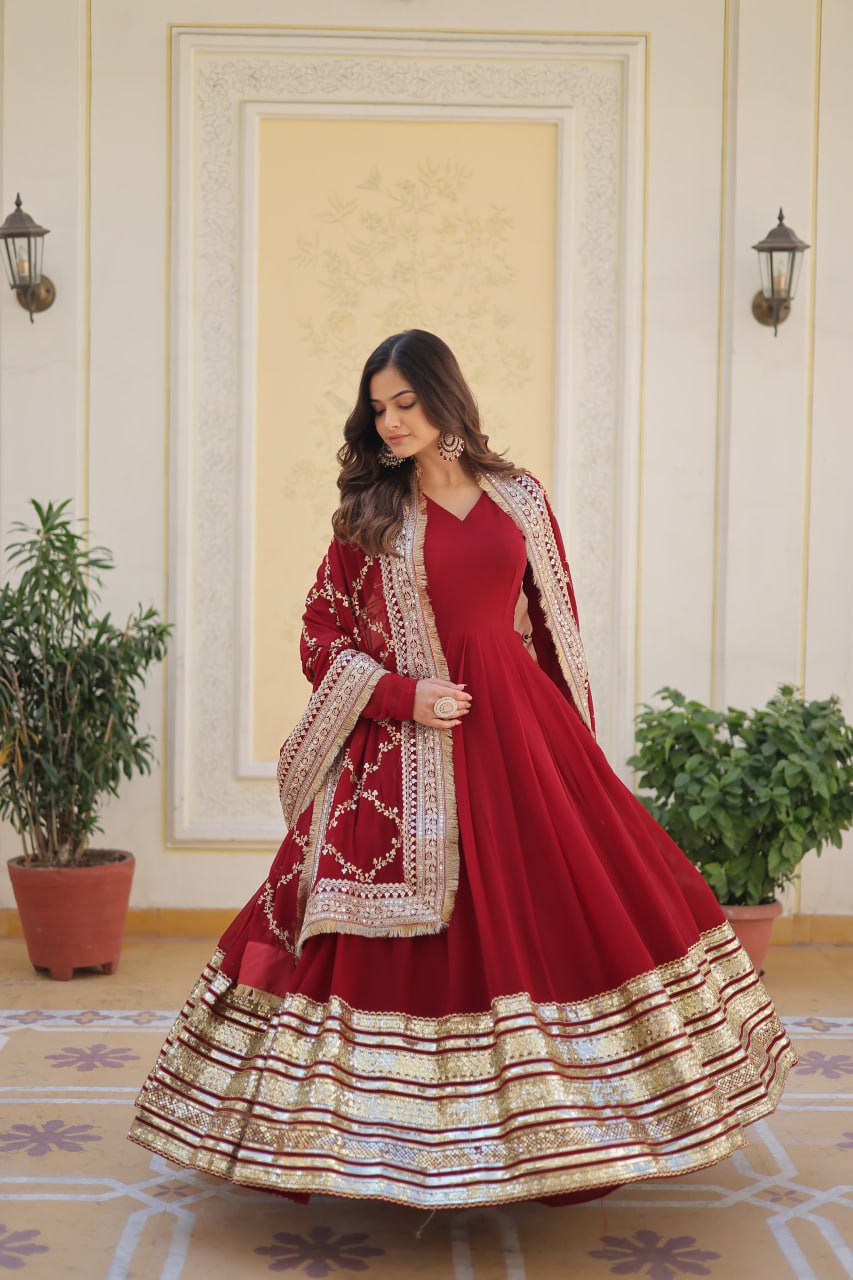 "Maroon Majesty: Embroidered Zari Sequins Gown with Designer Dupatta"