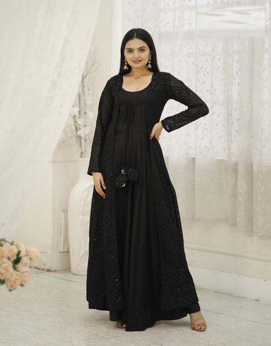 "Graceful Elegance: Women's Crochet Embroidered Gown with Georgette Shrug Set"