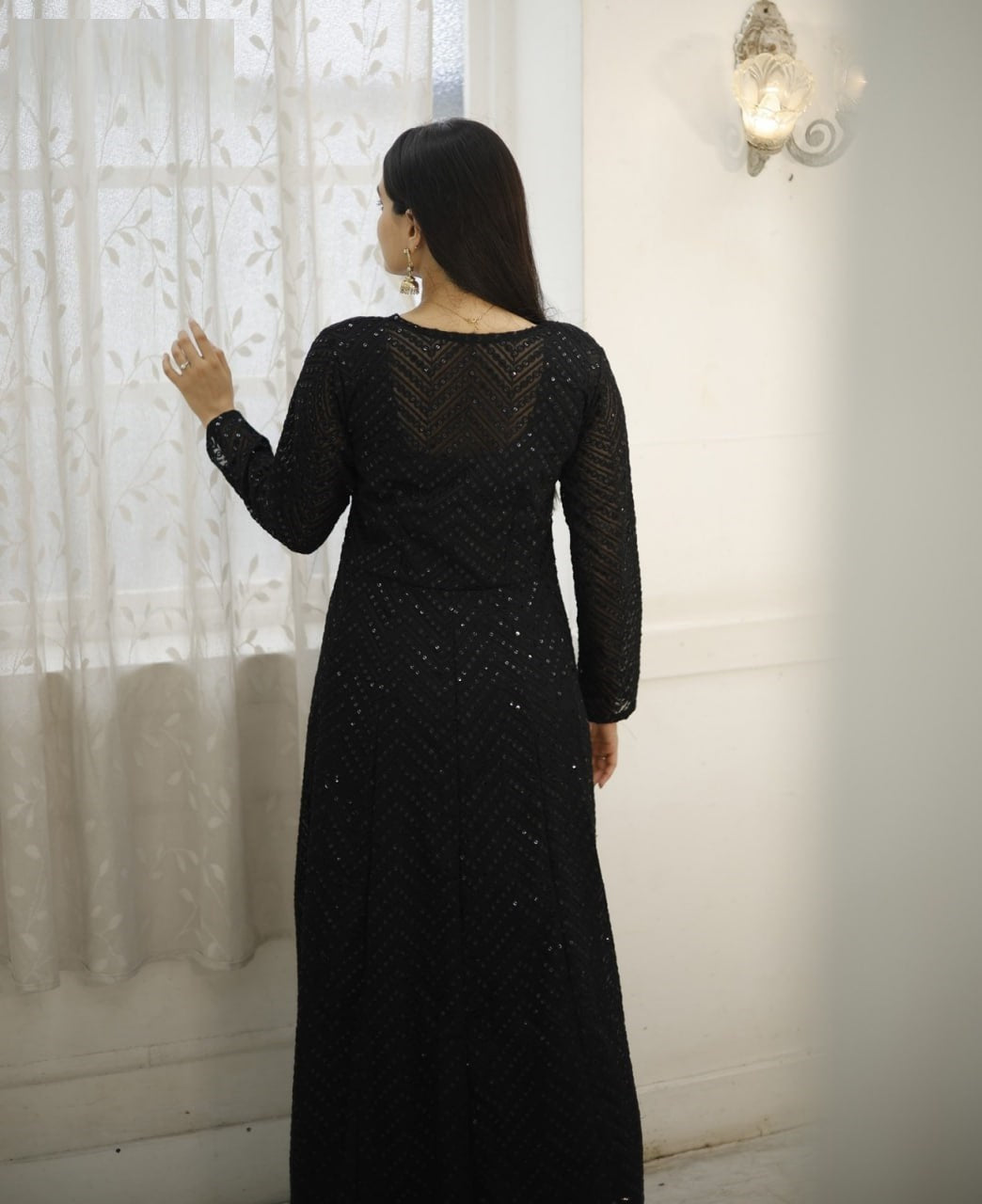 "Graceful Elegance: Women's Crochet Embroidered Gown with Georgette Shrug Set"