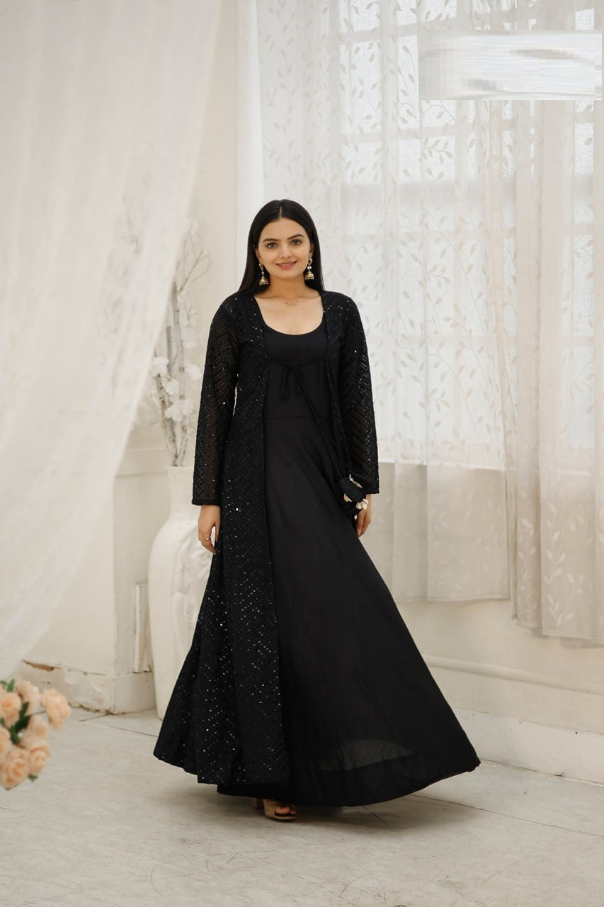 "Graceful Elegance: Women's Crochet Embroidered Gown with Georgette Shrug Set"