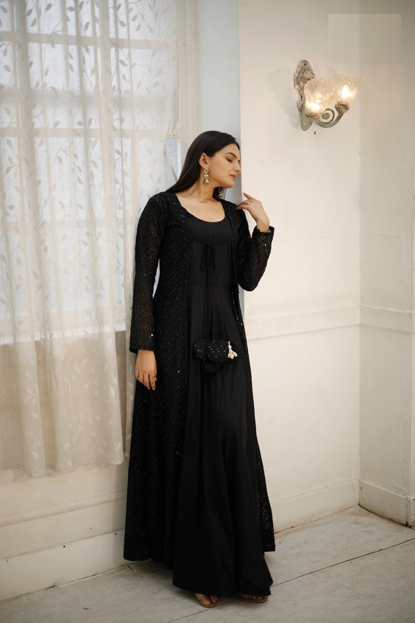 "Graceful Elegance: Women's Crochet Embroidered Gown with Georgette Shrug Set"