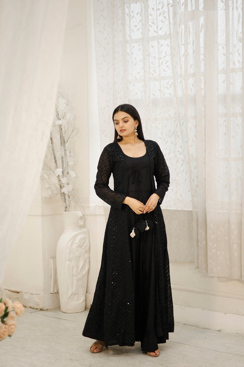 "Graceful Elegance: Women's Crochet Embroidered Gown with Georgette Shrug Set"