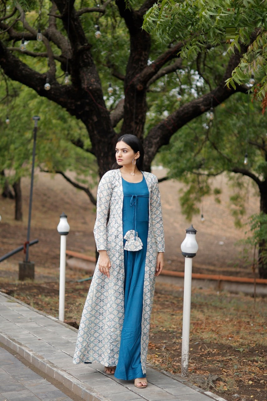 "Graceful Elegance: Women's Crochet Embroidered Gown with Georgette Shrug Set"