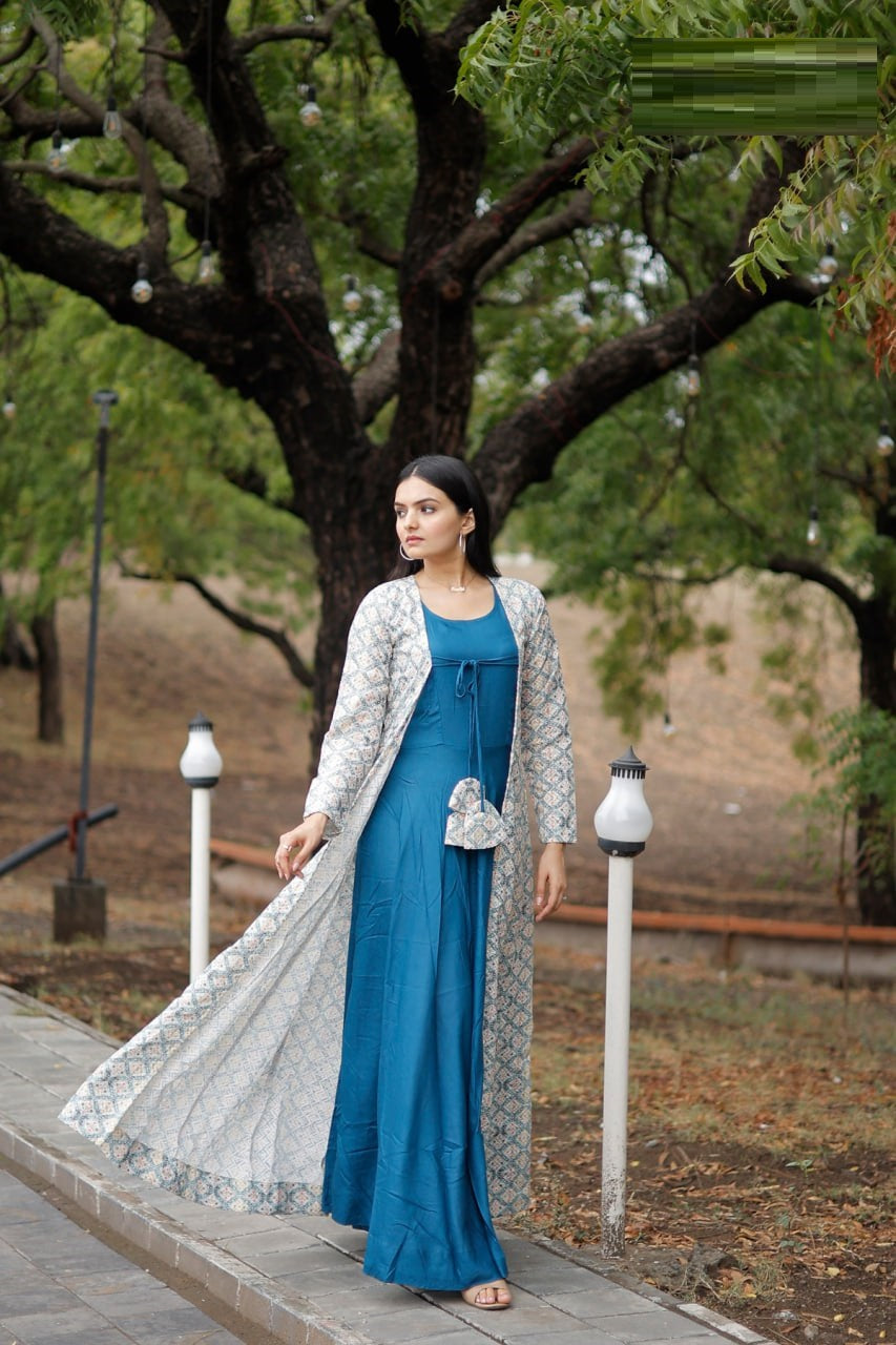 "Graceful Elegance: Women's Crochet Embroidered Gown with Georgette Shrug Set"