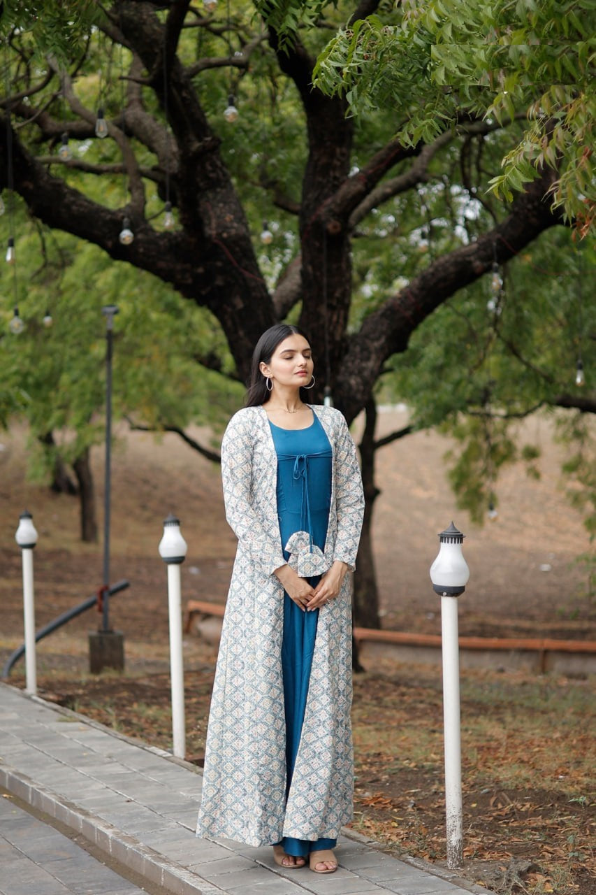 "Graceful Elegance: Women's Crochet Embroidered Gown with Georgette Shrug Set"