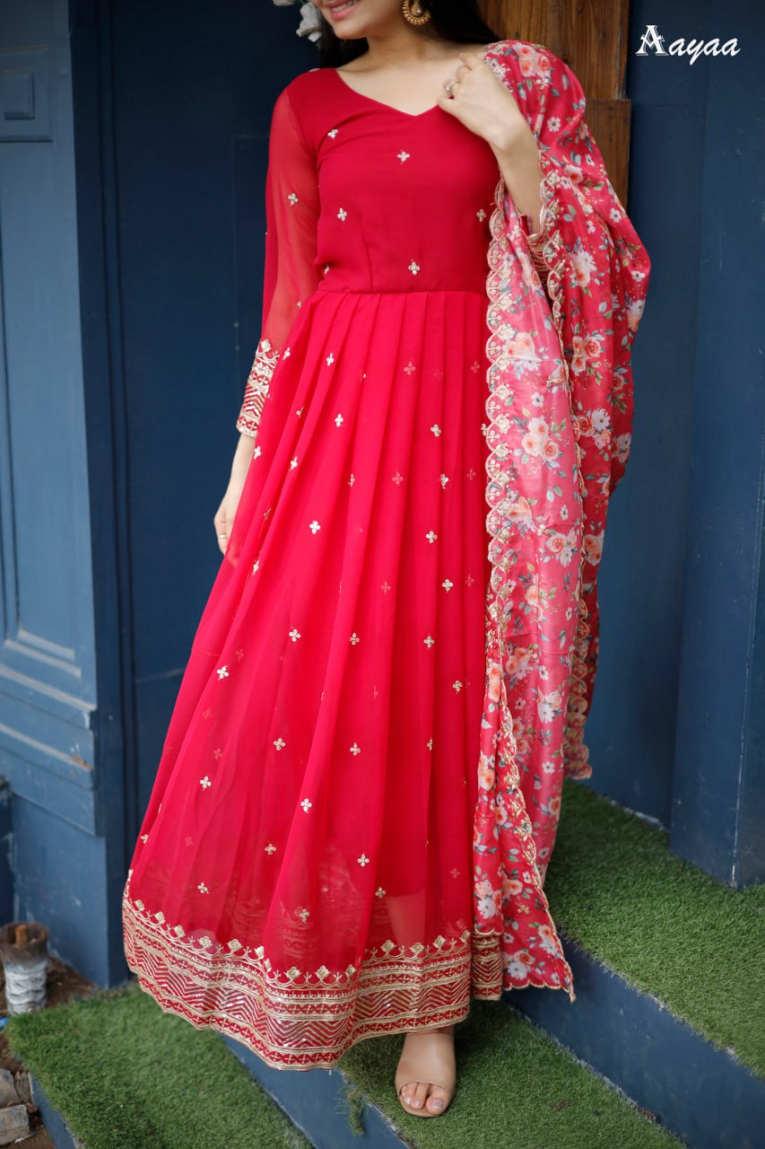 "Enchanting Georgette Silk Gown Set with Intricate Thread and Sequence Work"