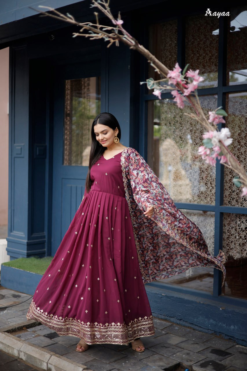 "Enchanting Georgette Silk Gown Set with Intricate Thread and Sequence Work"