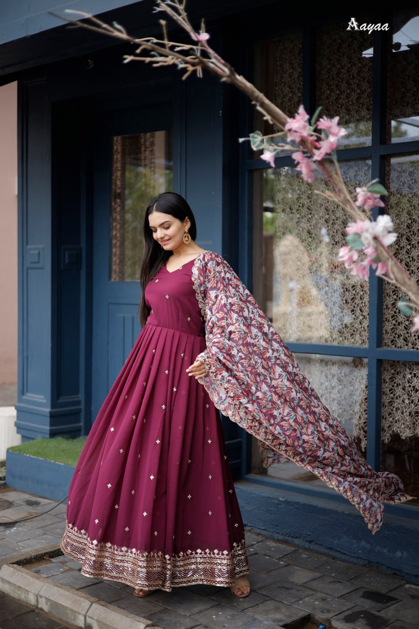 "Enchanting Georgette Silk Gown Set with Intricate Thread and Sequence Work"