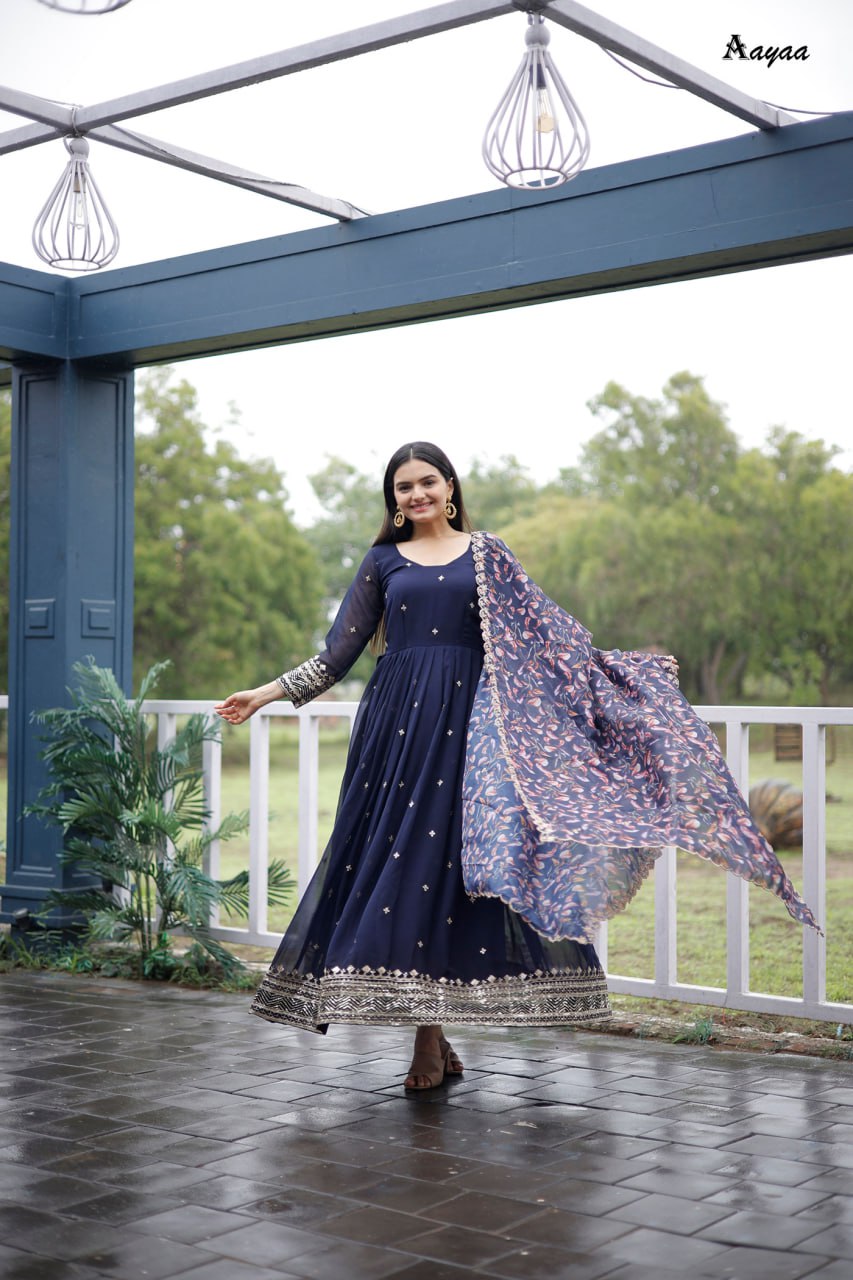 "Enchanting Georgette Silk Gown Set with Intricate Thread and Sequence Work"