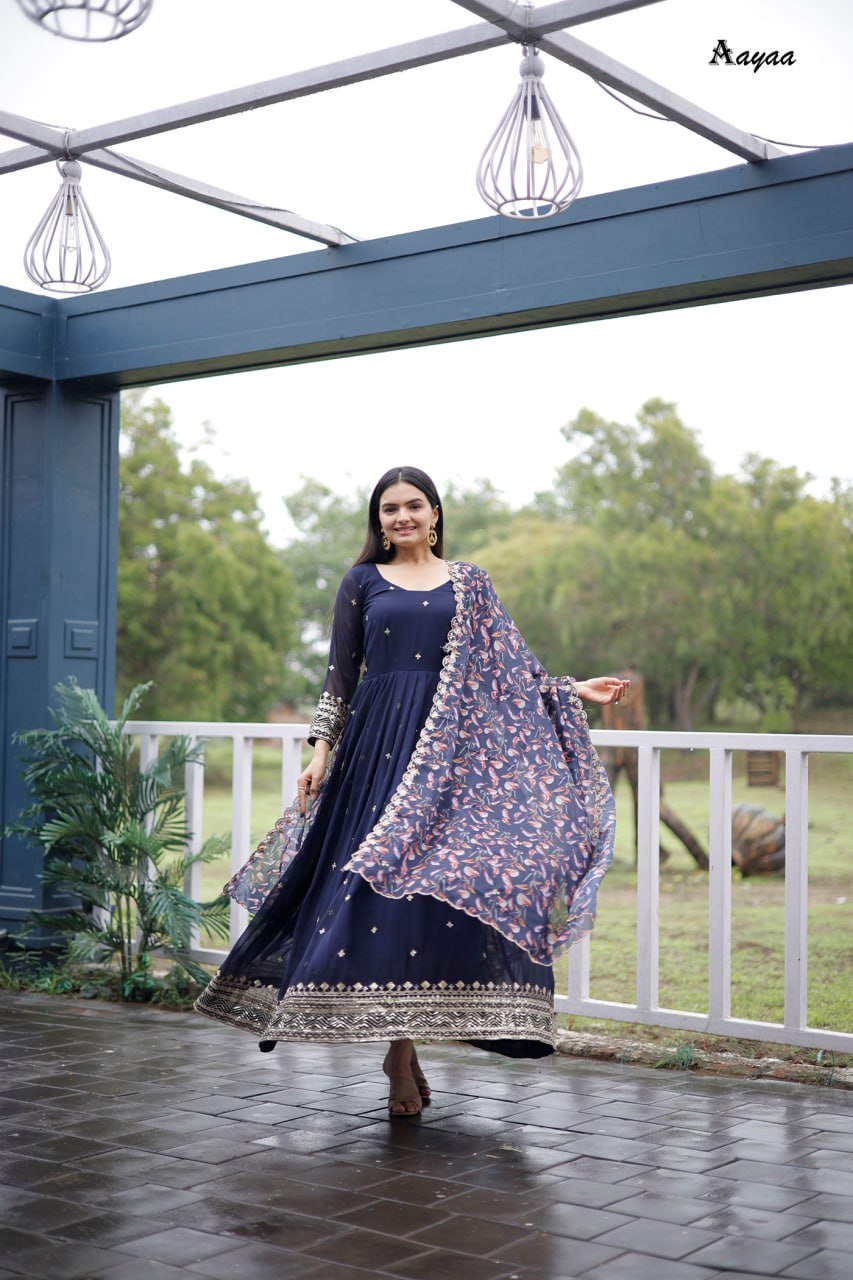 "Enchanting Georgette Silk Gown Set with Intricate Thread and Sequence Work"