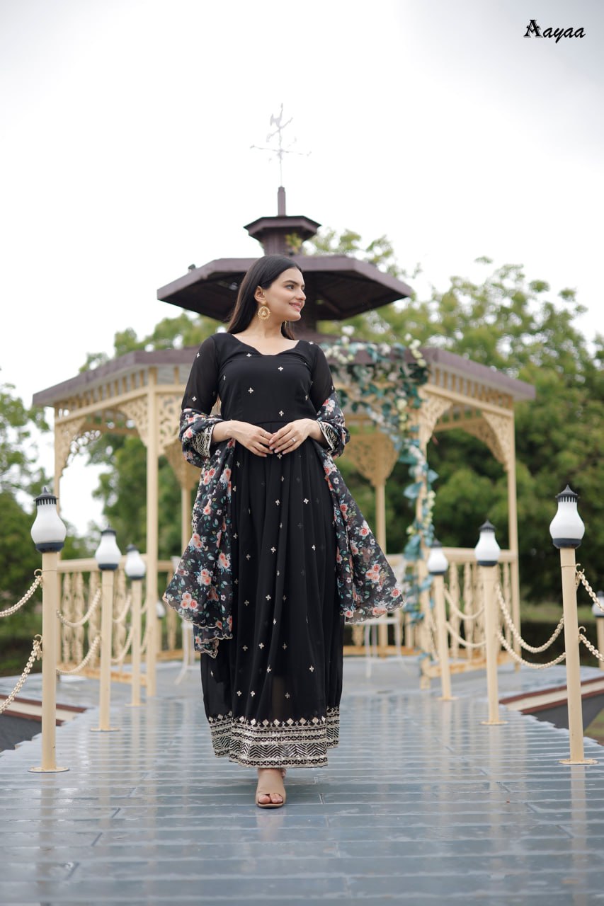 "Enchanting Georgette Silk Gown Set with Intricate Thread and Sequence Work"