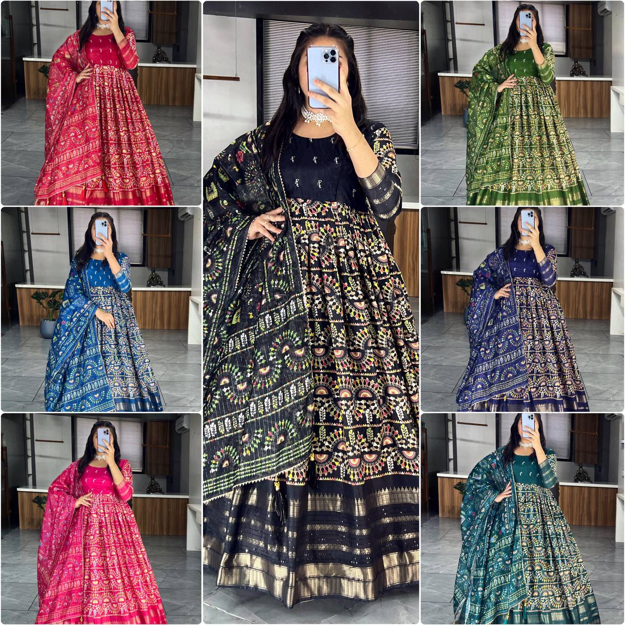 "Exquisite Soft Silk Kalamkari Printed Gown Set with Dupatta - Vibrant Colors, Elegant Design"