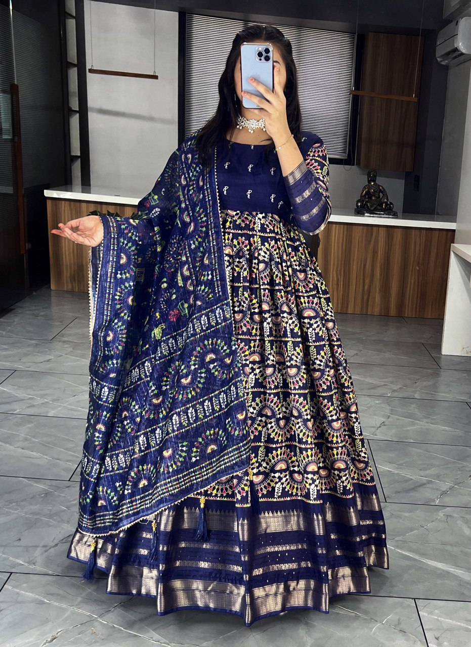 "Exquisite Soft Silk Kalamkari Printed Gown Set with Dupatta - Vibrant Colors, Elegant Design"