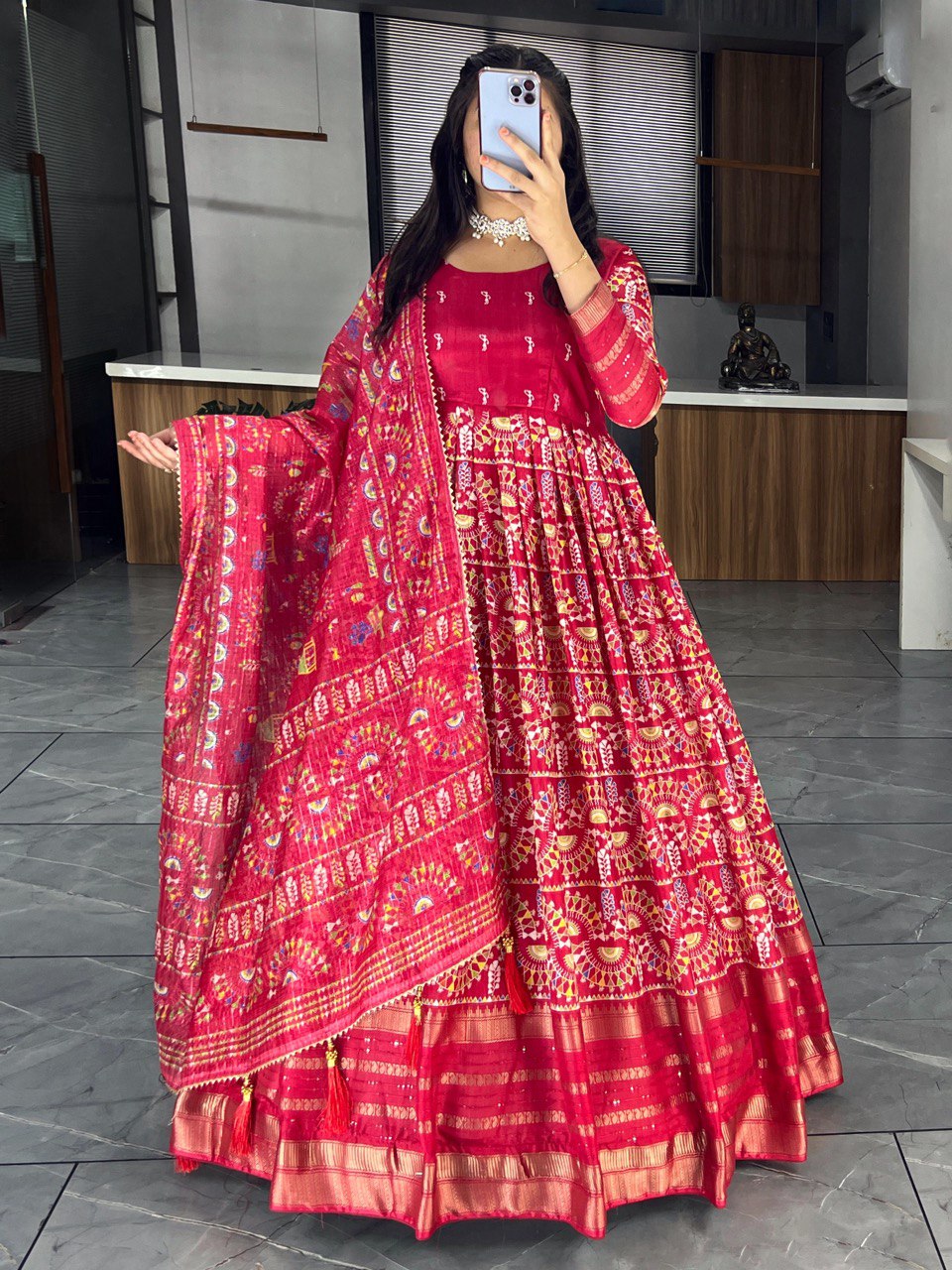 "Exquisite Soft Silk Kalamkari Printed Gown Set with Dupatta - Vibrant Colors, Elegant Design"