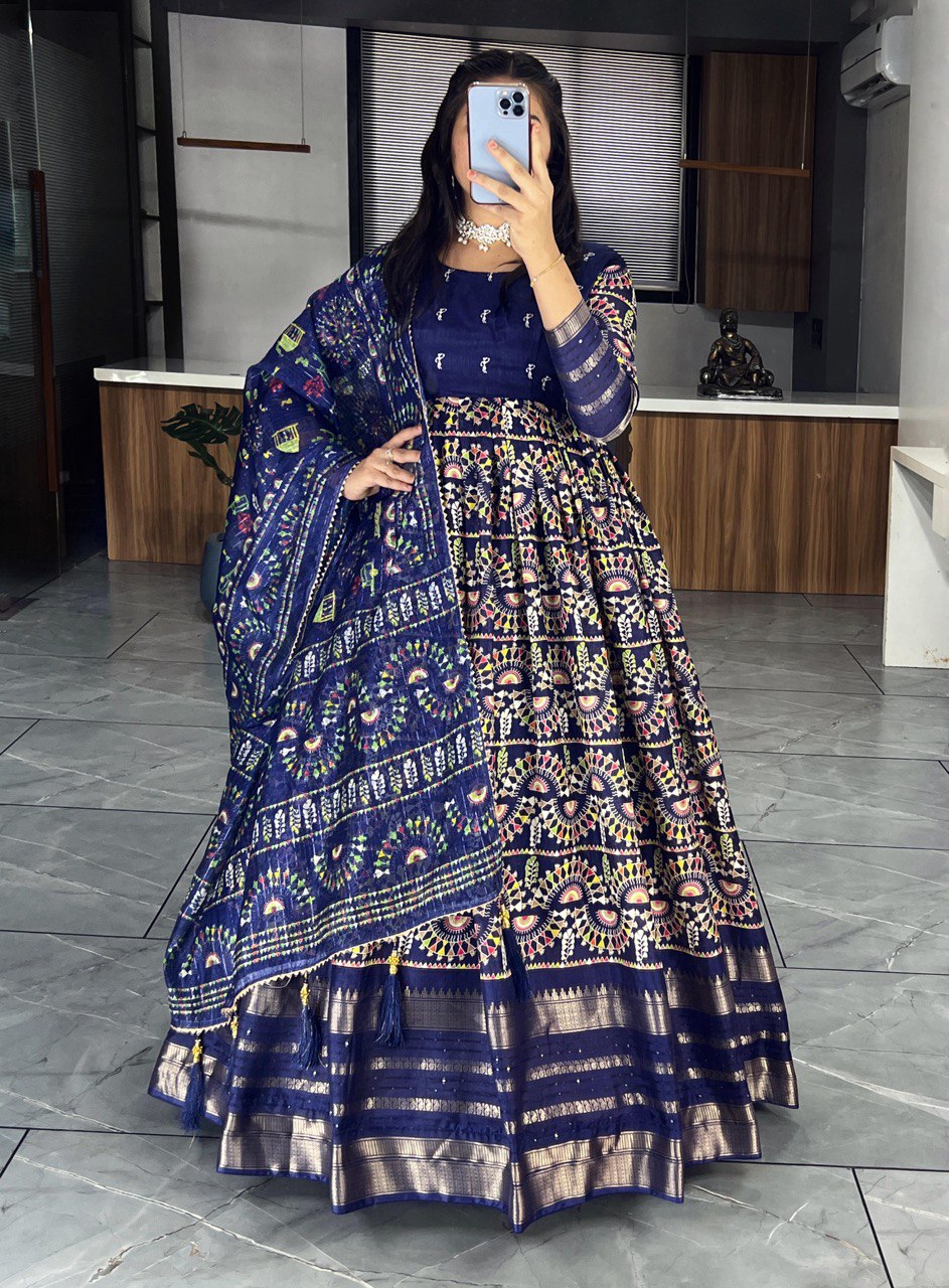 "Exquisite Soft Silk Kalamkari Printed Gown Set with Dupatta - Vibrant Colors, Elegant Design"