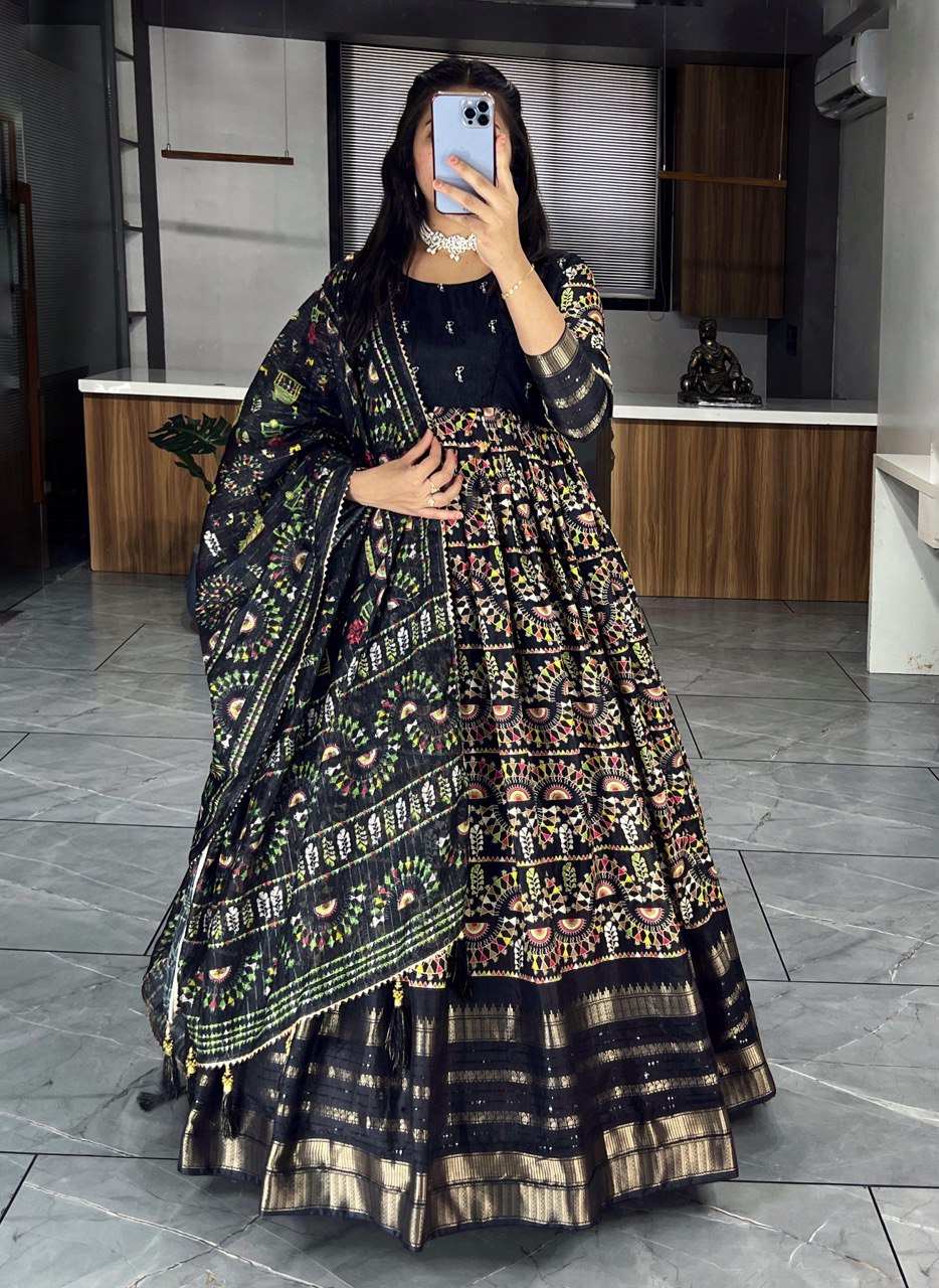 "Exquisite Soft Silk Kalamkari Printed Gown Set with Dupatta - Vibrant Colors, Elegant Design"