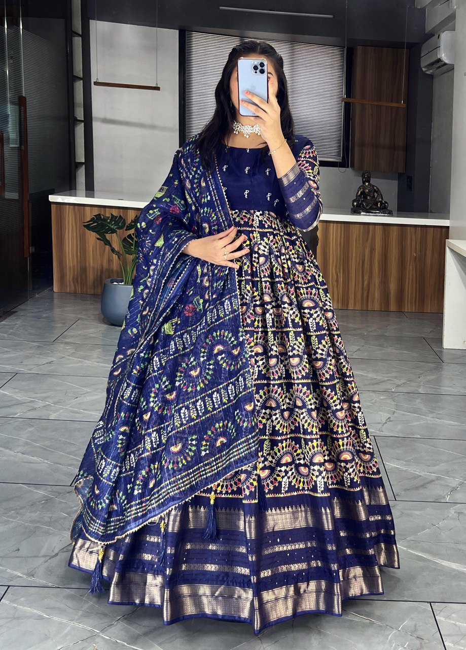 "Exquisite Soft Silk Kalamkari Printed Gown Set with Dupatta - Vibrant Colors, Elegant Design"