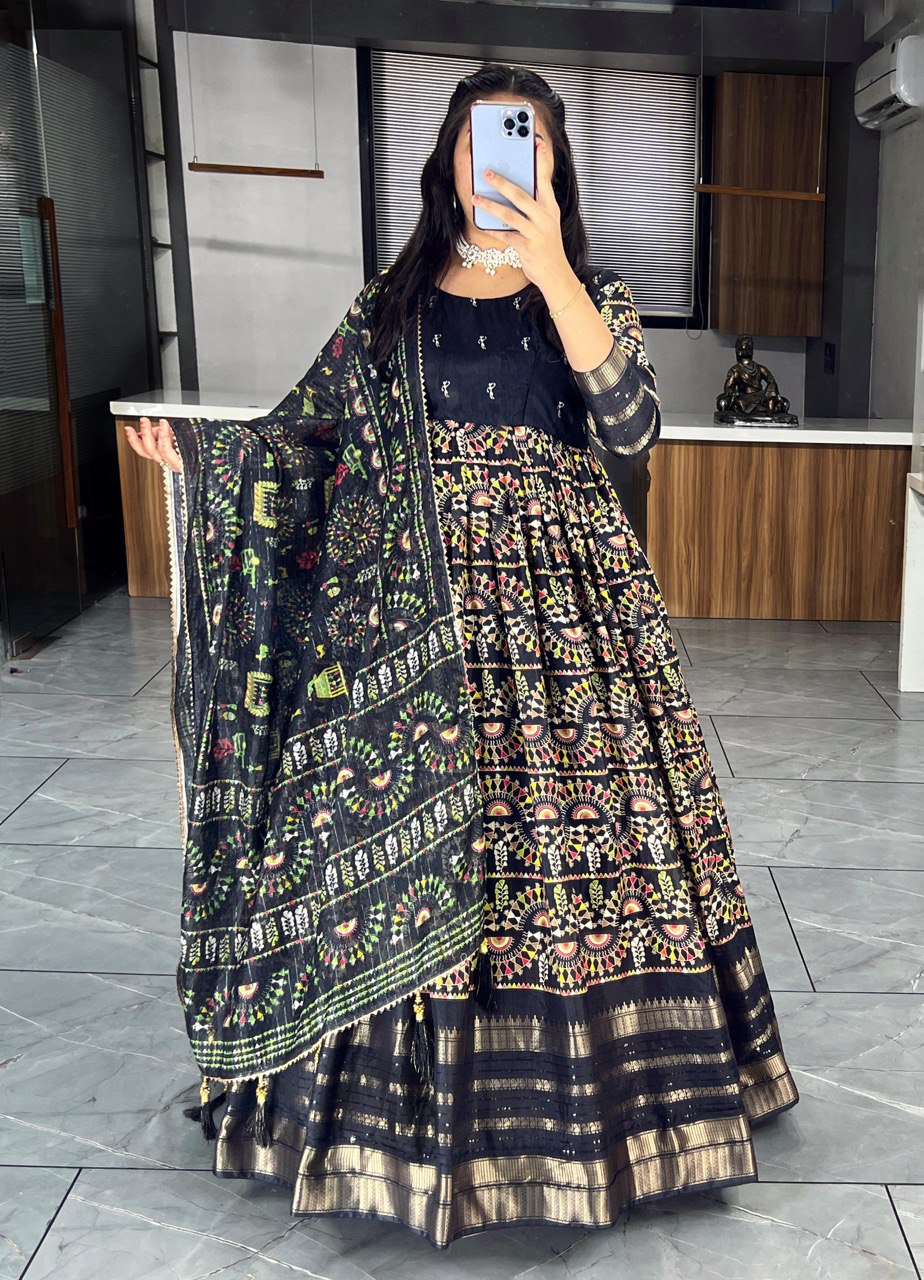 "Exquisite Soft Silk Kalamkari Printed Gown Set with Dupatta - Vibrant Colors, Elegant Design"