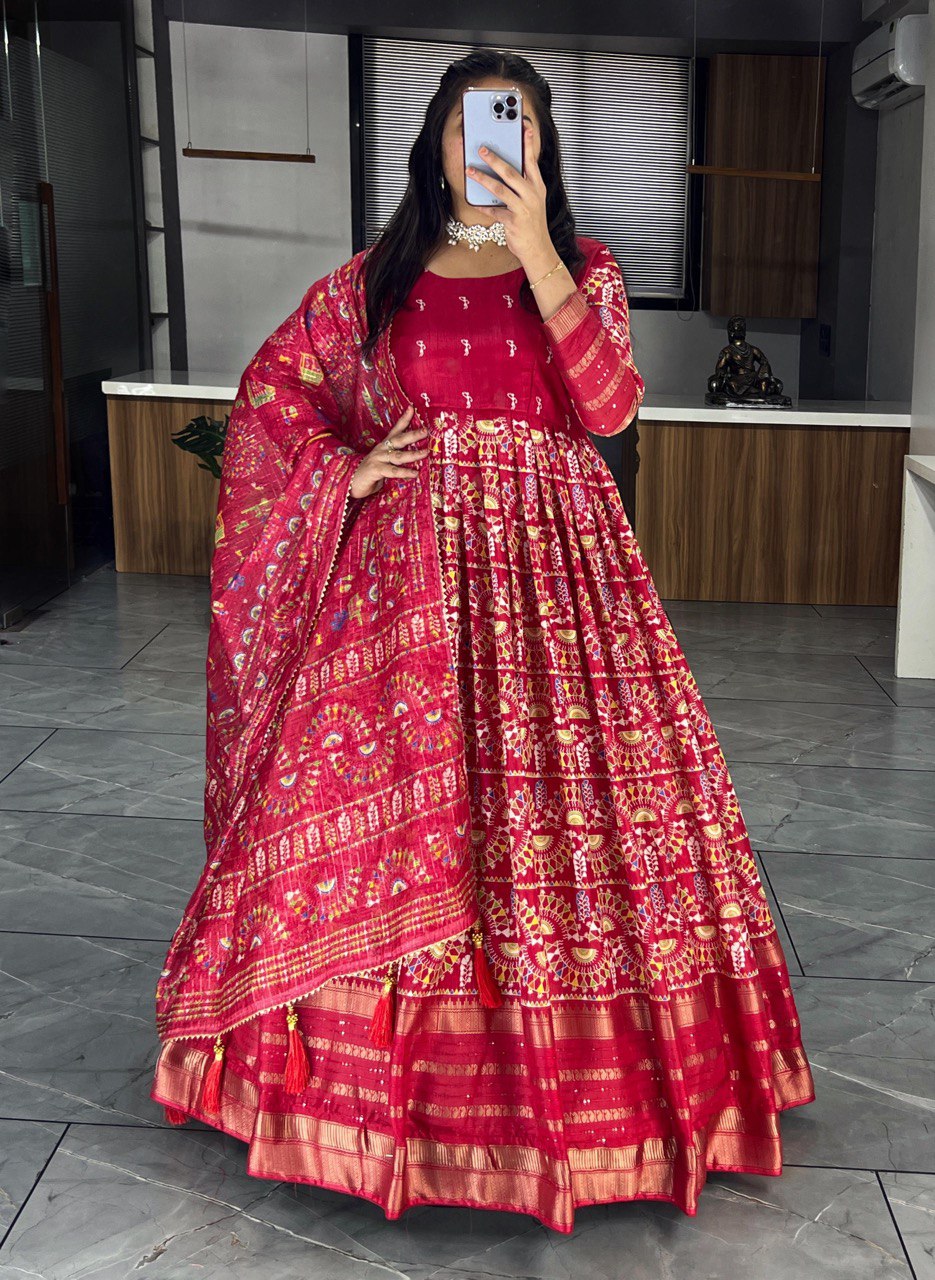 "Exquisite Soft Silk Kalamkari Printed Gown Set with Dupatta - Vibrant Colors, Elegant Design"