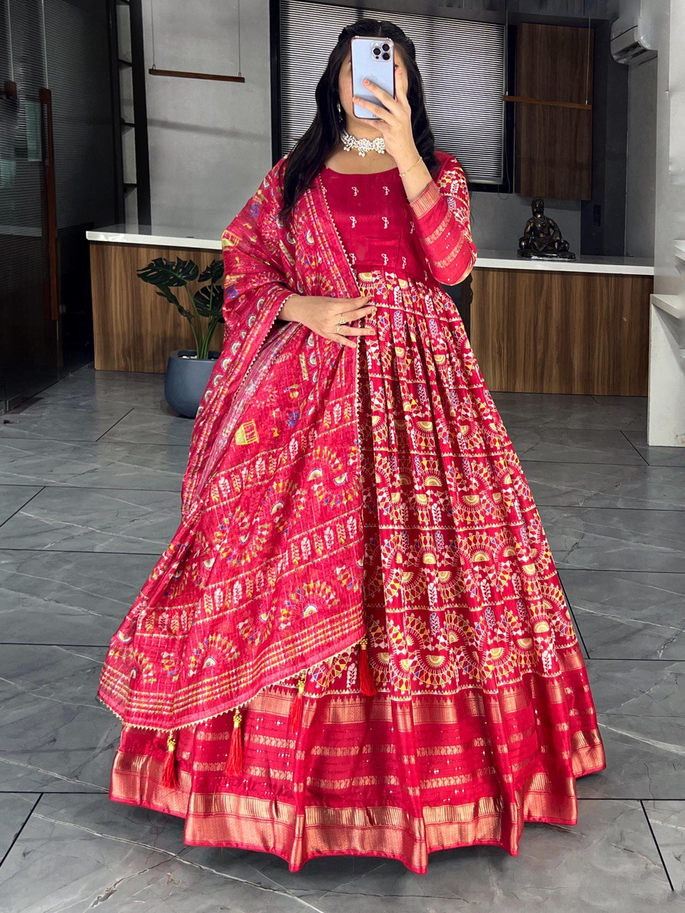 "Exquisite Soft Silk Kalamkari Printed Gown Set with Dupatta - Vibrant Colors, Elegant Design"