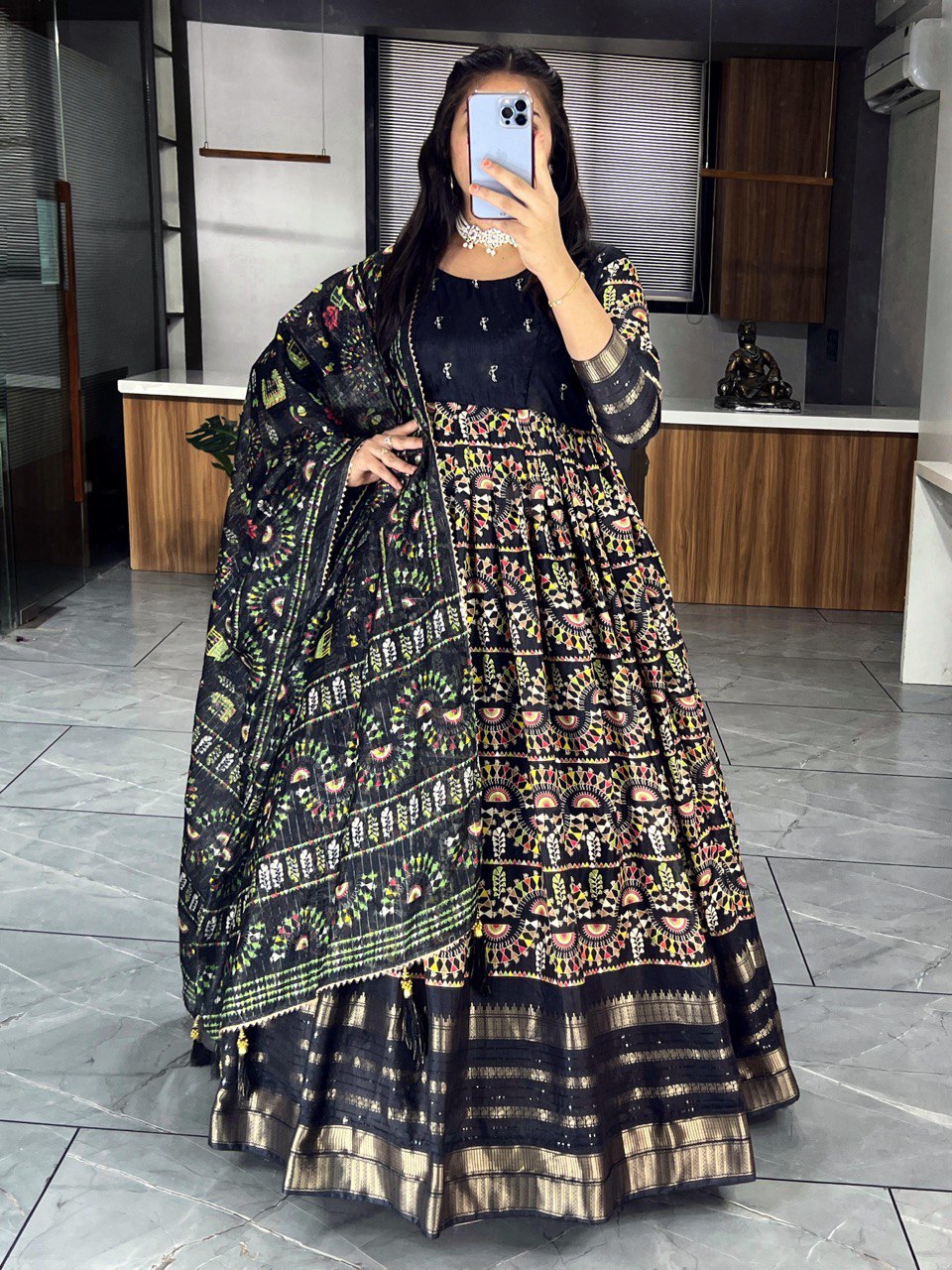 "Exquisite Soft Silk Kalamkari Printed Gown Set with Dupatta - Vibrant Colors, Elegant Design"